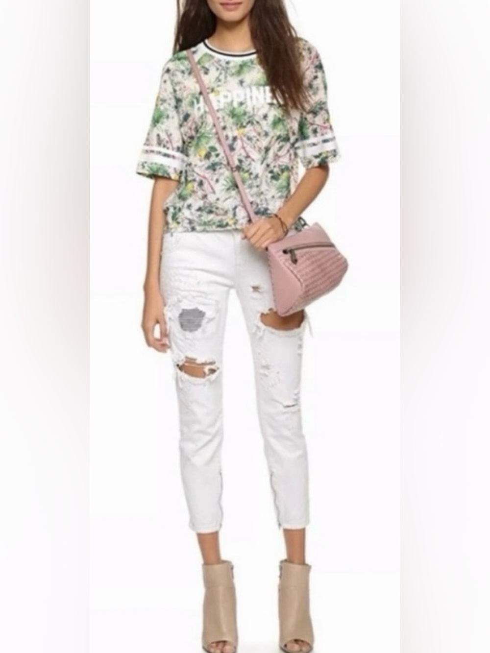 One by One Teaspoon Trashed Freebirds White Cream Jeans Ankle Zip Sz 26 Festival